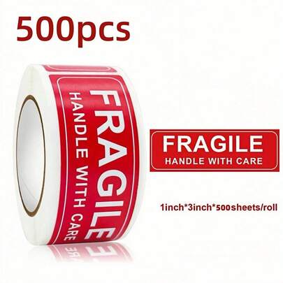 500pcs/150pcs/Roll Fragile Handle With Care Warning Stickers, Self-Adhesive Labels 1" X 3", Permanent Adhesive Labels, Essential For Travel, For Shipping, Packaging, DIY, Clear Branding Information