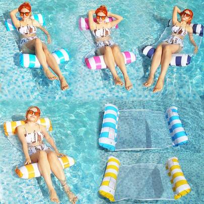 1pc Green Striped Inflatable Floating Bed, Foldable Backrest Swimming Pool Float, Multifunctional Lounger Hammock