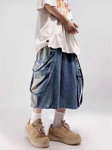 1 件男士休闲宽松中长款水洗复古美式嘻哈设计牛仔短裤，emo 风格