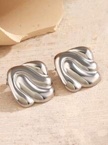 2 Pieces Of Stainless Steel Personalized Elegant Women's Fashion Gold Steel Color Color Blocked Geometric Water Ripple Shaped Earrings Suitable For Women's Daily Summer Shopping And Travel Wearing Earrings