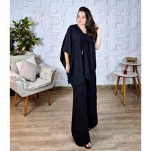 Conjunto 3 Peças Calça Blusa Capa e Top Elegante Social Duna Bonito Preto Chique Várias Formas 7 em 1