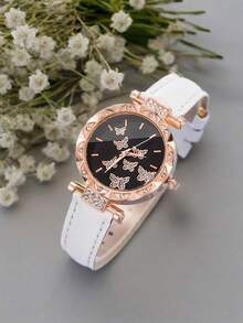 6件套 时尚简约蝴蝶数字设计手表 + 珍珠蝴蝶配件套装 - 彩色 - 查看 4