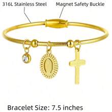 1 Stück rostfreies Stahlarmband für Männer mit 18K vergoldeter Sankt Benedikt Medaille, Kreuz und Zirkonia