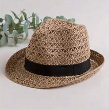 1pc Breathable Mesh Fedora & Straw Hat - Outdoor Sun Protection, Casual Style Unisex, Coffee Brown With Black Ribbon Details, Breathable Material Casual Headwear | Fashionable Brimmed Hat | Mesh Material Hat, Sun Protection Shiny Boho Grass