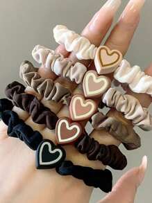 5pcs/Set Multi-Color Heart Shaped Hair Scrunchies, Suitable For Daily Wear