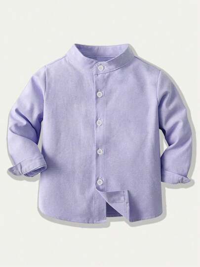 Camisa casual de cor sólida com gola alta para meninos pré-adolescentes, camisa da moda com gola alta para meninos pré-adolescentes