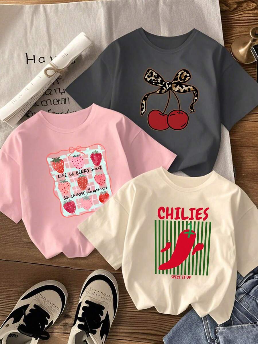 3 piezas/Paquete Camisetas de manga corta de cuello redondo con estampado casual para niñas preadolescentes y estudiantes, verano - Negro - Ver 1