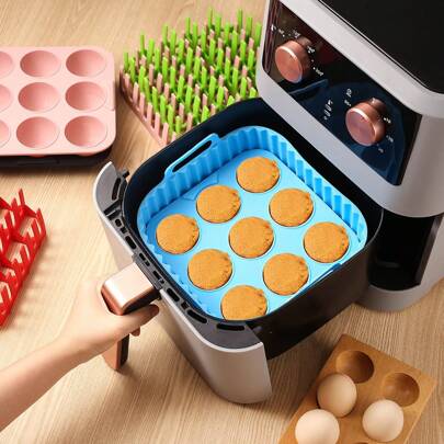 1 Set Premium Square Air Fryer Accessories - Bacon And Hot Dog Rack, 9-Cup Silicone Baking Cups, Air Fryer Pan - , Dishwasher Safe - Compatible With 7QT+ Air Fryers