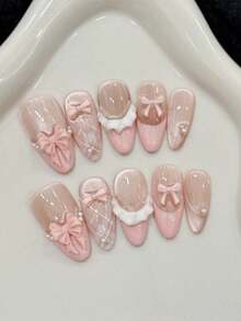 10片杏仁形手工美甲贴片，适合派对和日常佩戴，粉色，法式猫眼粉色蝴蝶结，杏仁形美甲，易于佩戴。10片Y2K手工美甲贴片，夏季美甲，夏季风格，适合女孩和女士参加节日派对和日常佩戴。美甲用品，手工美甲贴片。 - 淺粉色 - 查看 2