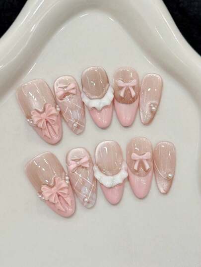 10Pcs Almond Handmade Press On Nails For Party And Daily Wear, Pink, Pink Nails, French Cat's Eye Pink Bow, Almond Nails, Easy To Wear10Pcs Y2K Handmade Press On Nails, Summer Nails, Summer Style, Suitable For Girls And Women Festivals Parties And Daily Wear Nail Supplies Nails