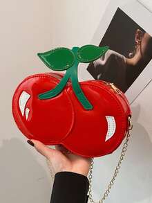 Bolso bandolera con forma de cereza roja, nuevo modelo de verano 2025 para damas, bolso con cadena para el hombro, estilo dulce y kawaii, monedero para teléfono con diseño único de fruta, contraste de color, forma asimétrica y redonda - Rojo - Ver 1