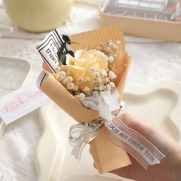 1pc Mini Artificial Flower Bouquet Includes 1pc Artificial Rose, Babysbreath Wrapped In Paper. Suitable For Mom, Girlfriend Boyfriend And Friend'S Birthday Or Anniversary Gift, Mother'S Day, Valentine'S Day, Wedding Favor, Home Or Desktop Decoration,Birthday Gift For Women And Kids