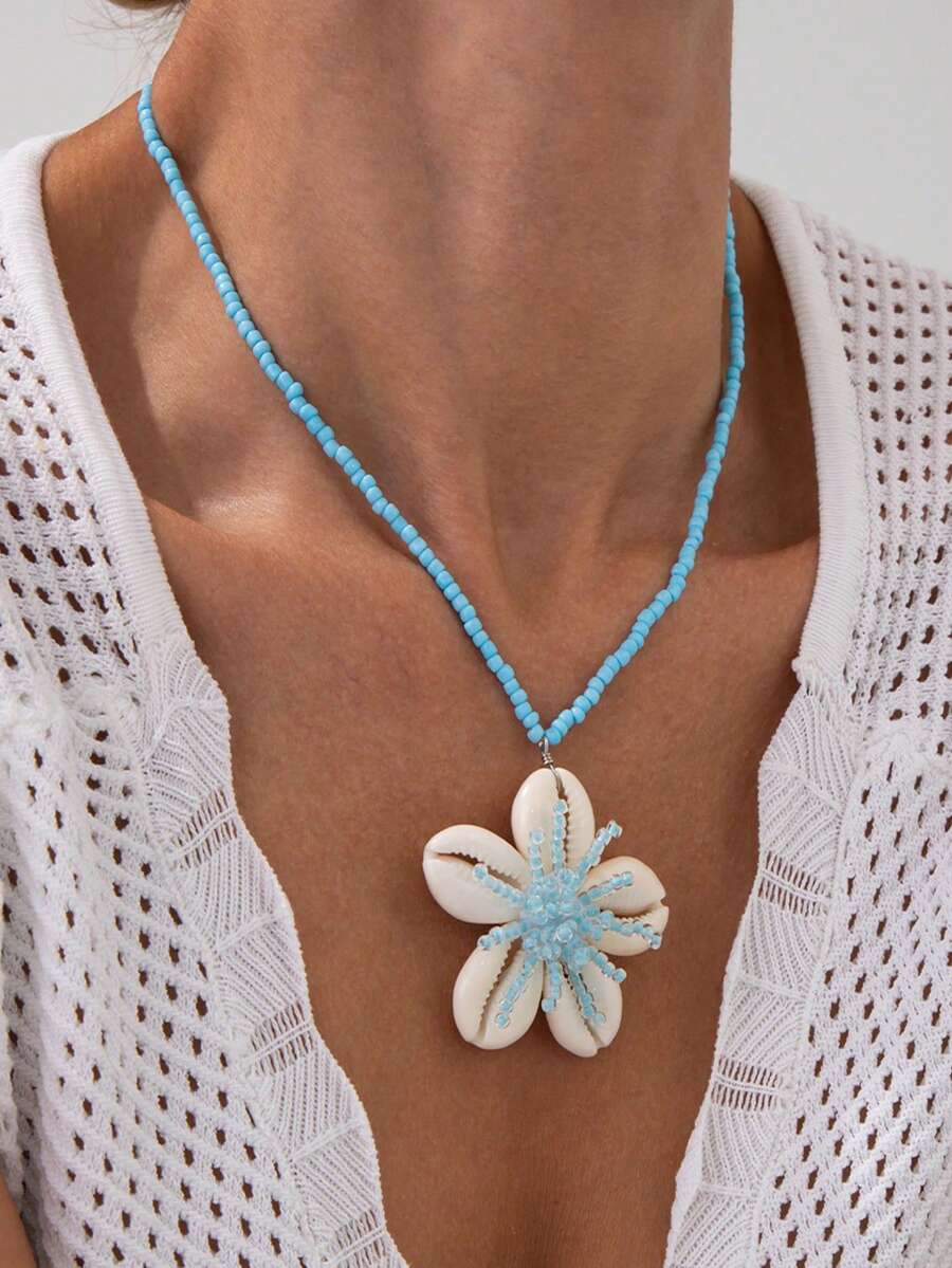 1 件优雅海洋度假风格贝壳与花朵吊坠项链，波西米亚串珠项链，女士珠宝配饰，适合海滩度假 - 彩色 - 查看 1