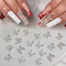 20pcs Silver Butterfly Nail Decorations 3D Rhinestone Butterfly Nail Art Jewelry Supplies, Bride Manicure Alloy Accessories - Silver - View 2
