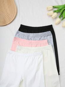 Set de 5 piezas de leggings de verano para niñas, pantalones capri casuales para niños, versión delgada para primavera/verano, leggings de 3/4 con dobladillo con volantes, color blanco, rosa, gris, negro, unicolor, minimalista versátil, adecuado para uso diario, leggings suaves y cómodos, se pueden combinar con blusas y vestidos para volver a la escuela