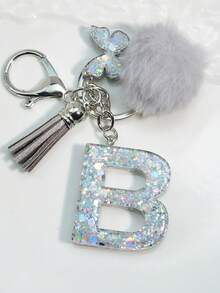 1 件首字母银色闪光钥匙扣，树脂滴蝴蝶吊坠，包/车装饰，男女通用礼物汽车配件包魅力学校可爱哥特 Y2k - 銀色 - 查看 2