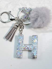 1 件首字母银色闪光钥匙扣，树脂滴蝴蝶吊坠，包/车装饰，男女通用礼物汽车配件包魅力学校可爱哥特 Y2k - 銀色 - 查看 32