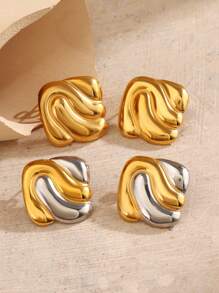 2 Pieces Of Stainless Steel Personalized Elegant Women's Fashion Gold Steel Color Color Blocked Geometric Water Ripple Shaped Earrings Suitable For Women's Daily Summer Shopping And Travel Wearing Earrings