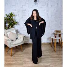 Conjunto 3 Peças Calça Blusa Capa e Top Elegante Social Duna Preto Chique Várias Formas 7 em 1