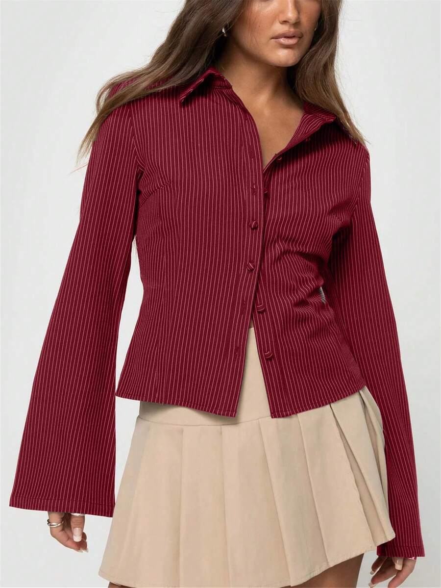 外出复古性感可爱束身长袖纽扣条纹红色美丽复古时尚休闲优雅衬衫上衣女装春夏假日/情人节 - 紅色 - 查看 1