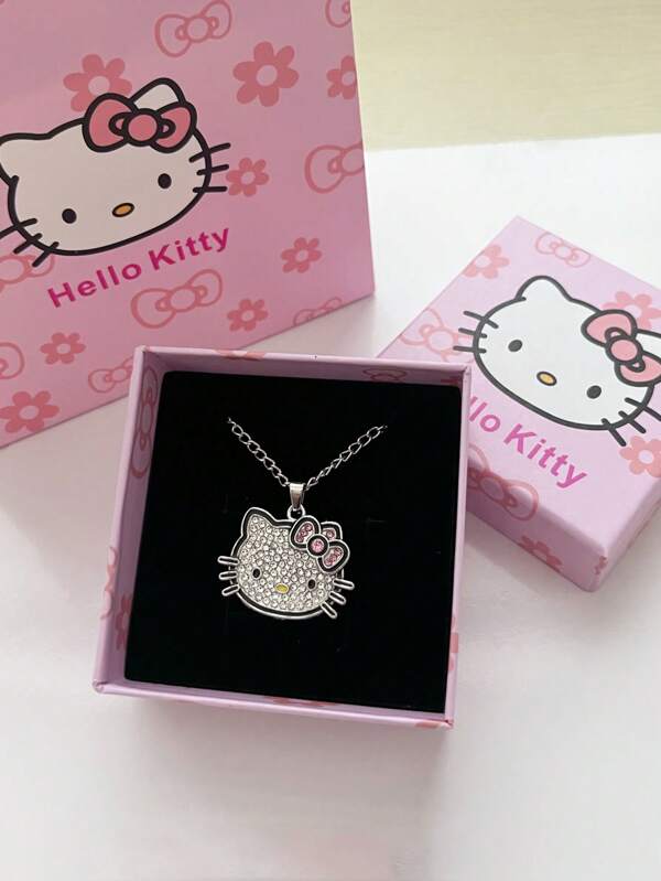 Sanrio Sanrio Hello Kitty Cartoon Cute Girl Necklace KT Cat Pendant And Diamond Collarbone Chain Strap Gift Box Gift Bag, Perfect Birthday Gift, Valentine's Day Gift, Christmas Gift.