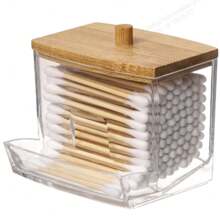 [Soporte transparente para bastoncillos de algodón] Soporte de plástico transparente y con tapa de madera, de moda, para almacenar bastoncillos de algodón, almohadillas de maquillaje, bolas de algodón, etc. Diseño transparente para ver fácilmente el contenido, almacena un recipiente de plástico transparente, accesorio de baño. (El producto puede tener pequeños rasguños, lo cual es normal y no afecta su uso)