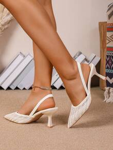Women's 2-Way Wear High Heel Net Yarn Wheat Ear Sandals, 7cm White Roman Pointed Toe Kitten Heel Shoes, Fairy Style Elastic Breathable High Heels - Beige - View 8