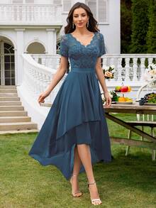 MIUSOL Vestido de noche de gasa con cuello en V de encaje floral, drapeado y bajo asimétrico - Neblina azul - Ver 6