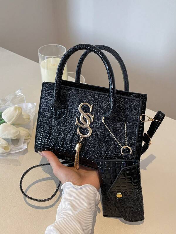 Sac à main mode femme à motif crocodile couleur unie pour le travail. Sac à bandoulière portable et polyvalent. Sangle d'épaule réglable avec gland chic de haute qualité. Sac bandoulière parfait pour les rendez-vous, les courses, les cadeaux