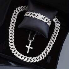 3pcs Hip Hop Fashion Jewelry Set, Stainless Steel Men's Cross Necklace With Layered Cuban Link Chain,Chains Iced Out Bracelet ,Perfect Gift For Men And Women