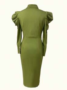 Solid Color Casual Elegant Bodycon Cargo Midi Dress With Pockets (No Belt) - Army Green - View 6