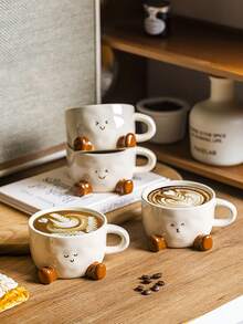 1 件可爱卡通陶瓷杯带脚印表情，家用下午茶咖啡杯，拿铁杯，花茶杯，早餐牛奶杯，情侣水杯，节日礼物，送给家人和朋友的礼物 - 彩色 - 查看 1