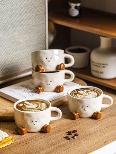 1 件可爱卡通陶瓷杯带脚印表情，家用下午茶咖啡杯，拿铁杯，花茶杯，早餐牛奶杯，情侣水杯，节日礼物，送给家人和朋友的礼物