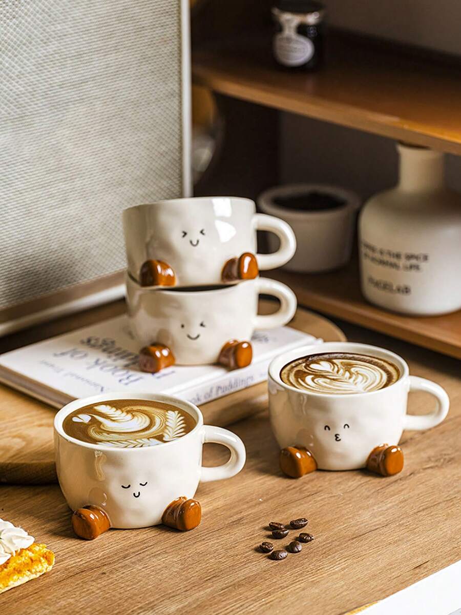 1 件可爱卡通陶瓷杯带脚印表情，家用下午茶咖啡杯，拿铁杯，花茶杯，早餐牛奶杯，情侣水杯，节日礼物，送给家人和朋友的礼物 - 彩色 - 查看 1