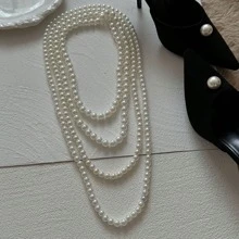 Modischer mehrreihiger Halskette, stapelbares Perlen-Choker-Halskette im europäisch-amerikanischen Stil, vielseitige französische Halskette mit Kunstperlen-Quaste