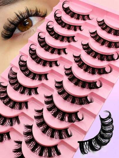 10 Pairs Full False Lashes 15mm Russian Strip D Curl Faux Mink Eye Look Tail Elongated Strip Lashes