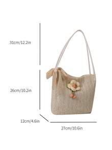 别致向日葵草编托特包，2025新款时尚休闲单肩包，韩版编织沙滩包，女士 - 白色 - 查看 7