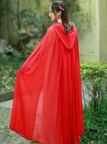 1pc Chiffon Hooded Cloak Shawl For Wedding, Party, Festival, Red & White Colors