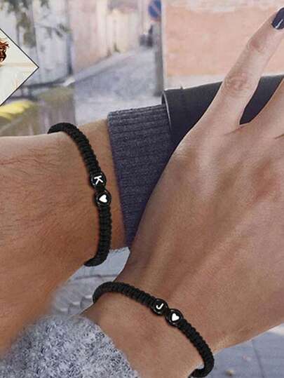 1 件 26 个字母情侣手链，适合女士少女可调节 A-Z 字母编织手镯，毕业生日礼物珠宝情人节