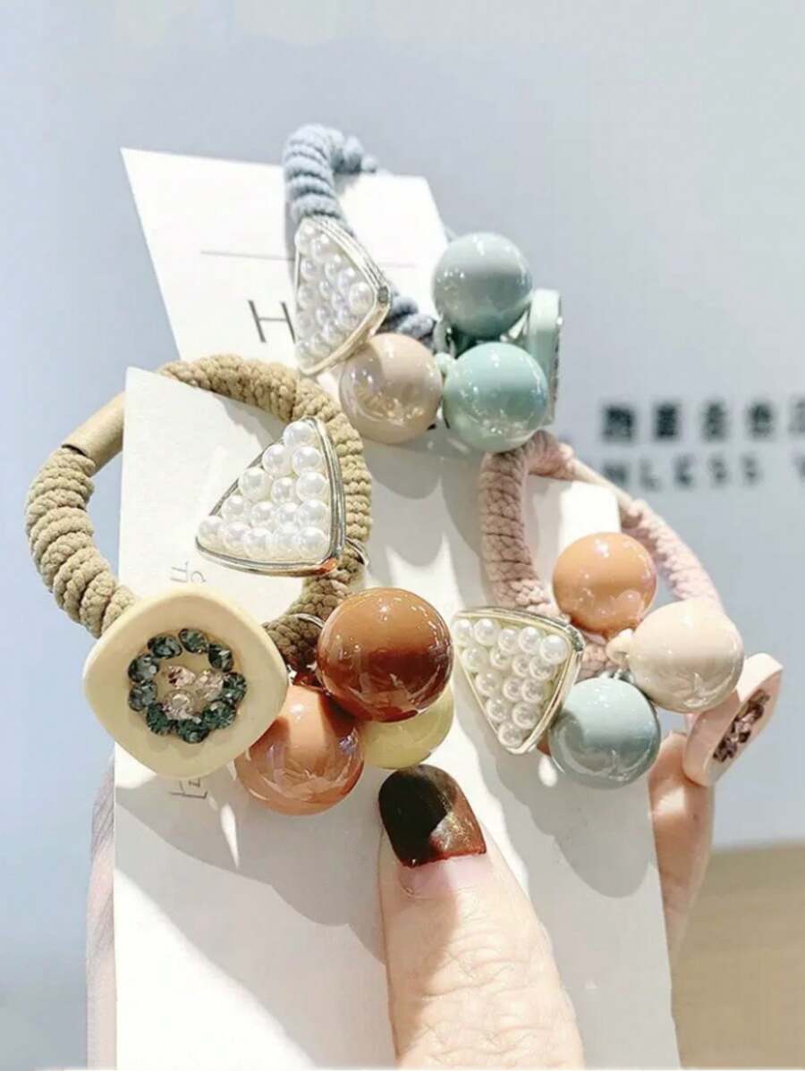 3pcs Fashionable Simple Elegant Colorful Ball Triangle Faux Pearl Hair Ties, High Elasticity & Non-Damaging For Women Ponytail Holders Hair Elastics Hair Rubber Bands Scrunchies Hair Rope, Hair Bobbles