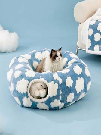 1pc Donut Shaped Soft Plush Cat Tunnel Bed, All-In-One Cat Hideaway Cave Toy