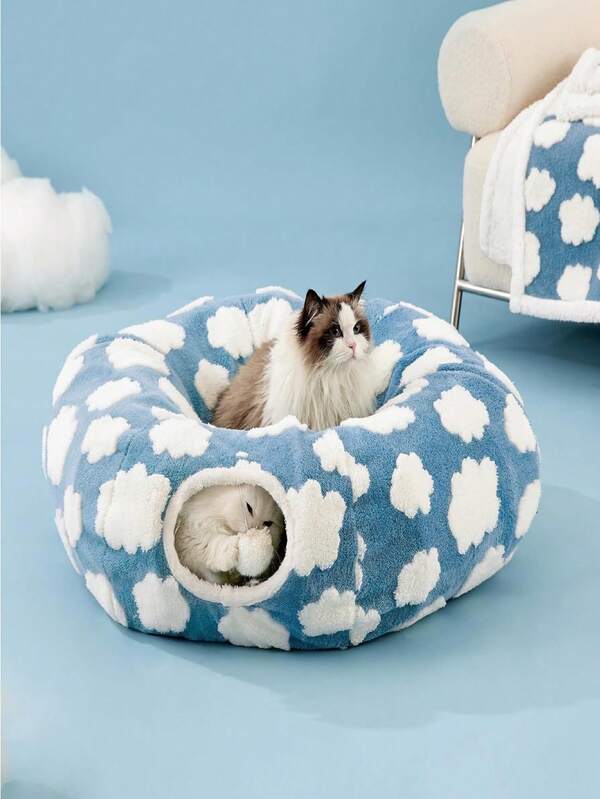1pc Donut Shaped Soft Plush Cat Tunnel Bed, All-In-One Cat Hideaway Cave Toy