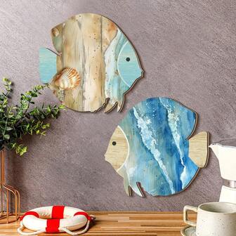1pc/2pcs Cute Blue Stripe Wooden Tropical Fish Wall Decor,Mini Beach Nautical Coastal Theme Fish Wall Art Wood Fish Wall Art Lake House Ocean Decor Vintage Ornaments For Home Bathroom Bedroom(DIY Paste) Room Decor Summer Home Decors Bedroom Decor