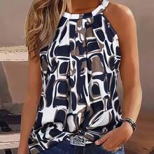 女士几何印花露肩无袖上衣 - 透气柔软面料，可机洗，适合春夏秋季休闲 - 优雅特别系列 - 彩色 - 查看 3