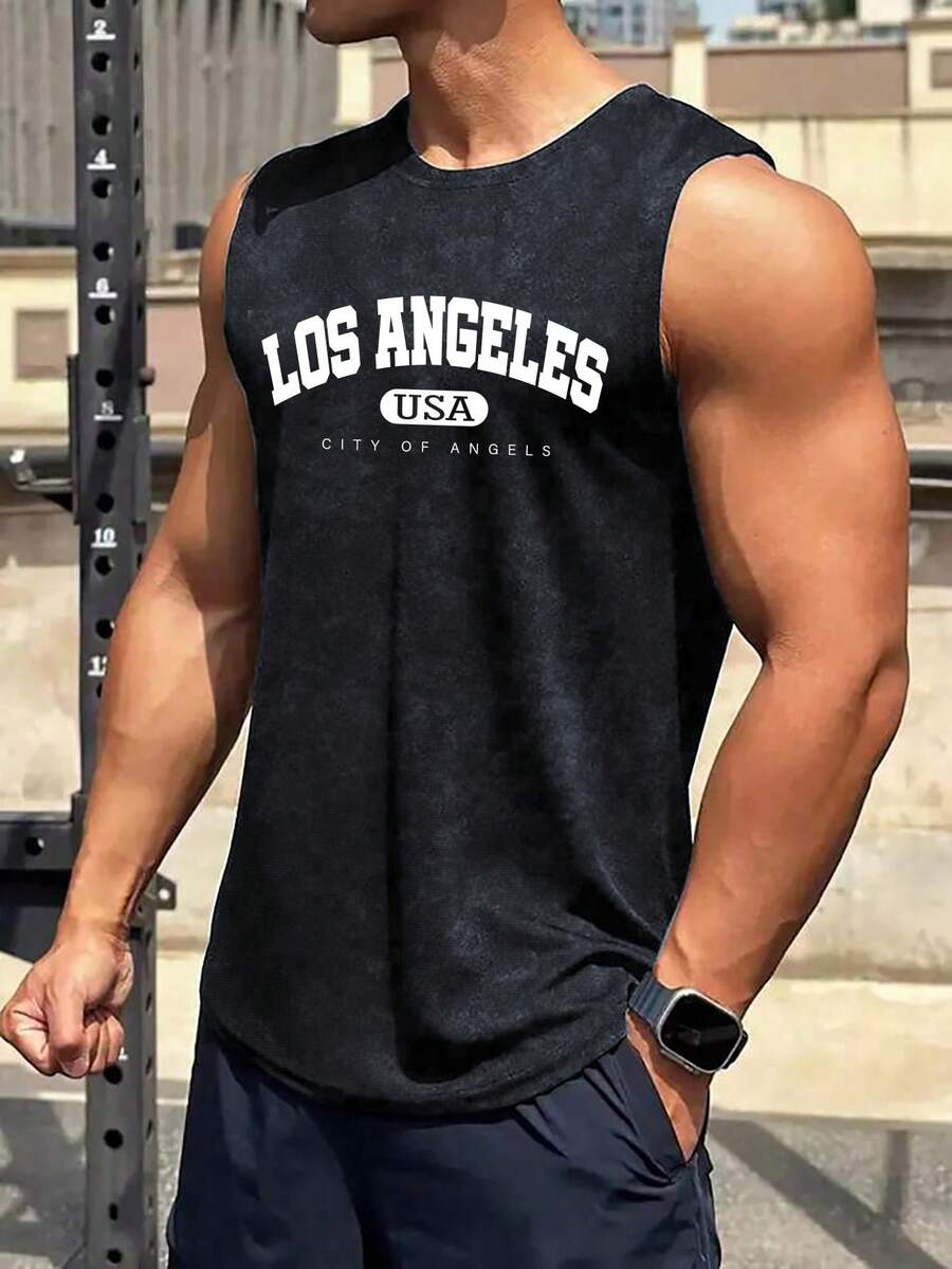 1件青少年男童简约休闲户外运动字母印花无袖背心，春夏秋季款