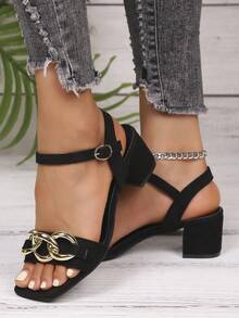 1 Pair Fashion Women Chunky Heel Sandals, Solid Color Open Toe, Simple & Stylish, Suede Covered Heel, Fashionable European And American Design - 金黑 - 查看 5