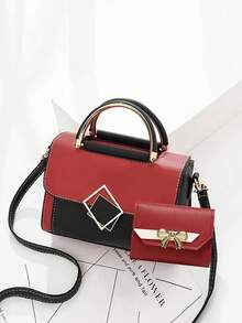 1 件/2 件时尚撞色 PU 手提包，优雅单肩包，甜美蝴蝶结钱包，适合女士，可调节肩带适合日常使用，手提、单肩、斜挎，用途广泛 - 彩色 - 查看 7