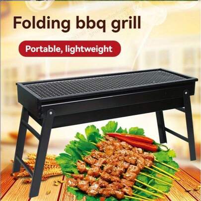 قطعة واحدة شواية شواء قابلة للطي وصغيرة الحجم - شبكة شواء من الفولاذ المقاوم للصدأ محمولة مع رفوف جانبية ومدخنة، سطح مطلي خفيف الوزن، مناسبة للطبخ في الهواء الطلق والتخييم وشوي في الحديقة، تصميم أنيق