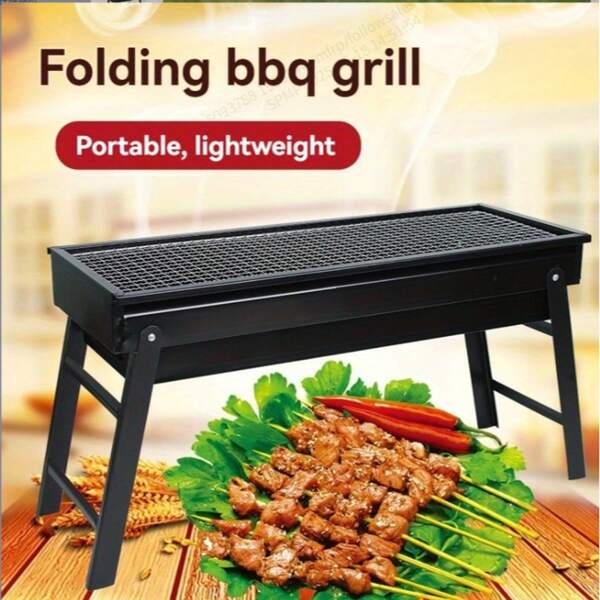 1pc Compact Foldable BBQ Grill - Portable Stainless Steel Barbecue Grill With Side Racks And Chimney Starter, Lightweight Painted Surface, Suitable For Outdoor Cooking, Camping, Backyard Grilling, Stylish Design