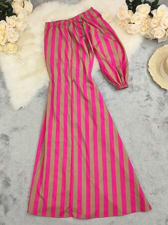 条纹印花性感单肩度假风女式夏装